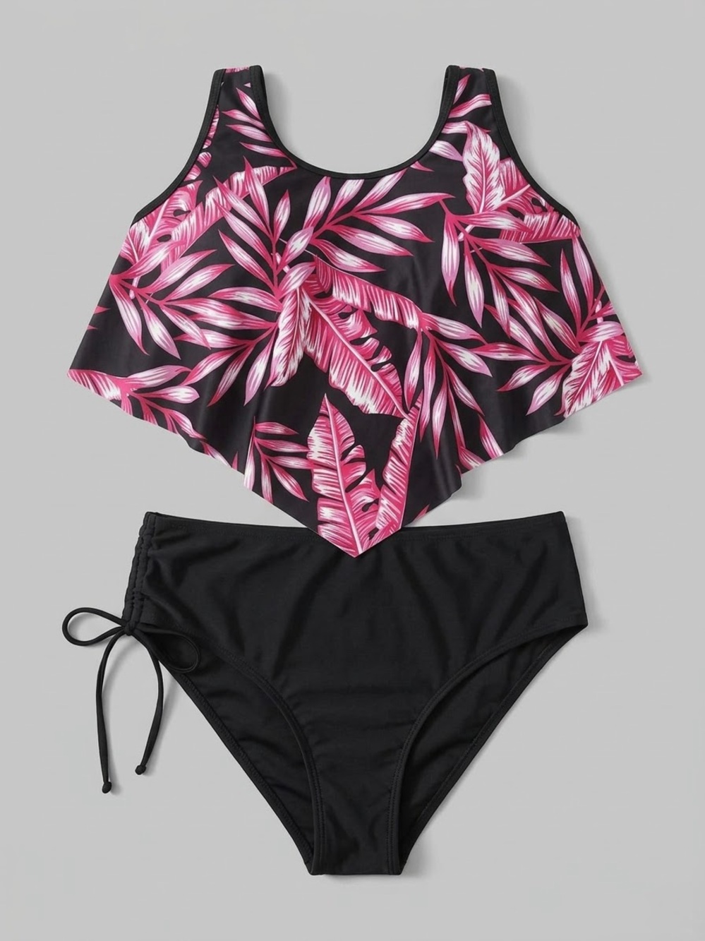 SHEIN Black & Pink Tropical Flounce Tankini Set